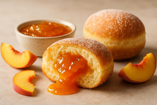 Filled doughnut cut open to show peach jam filling