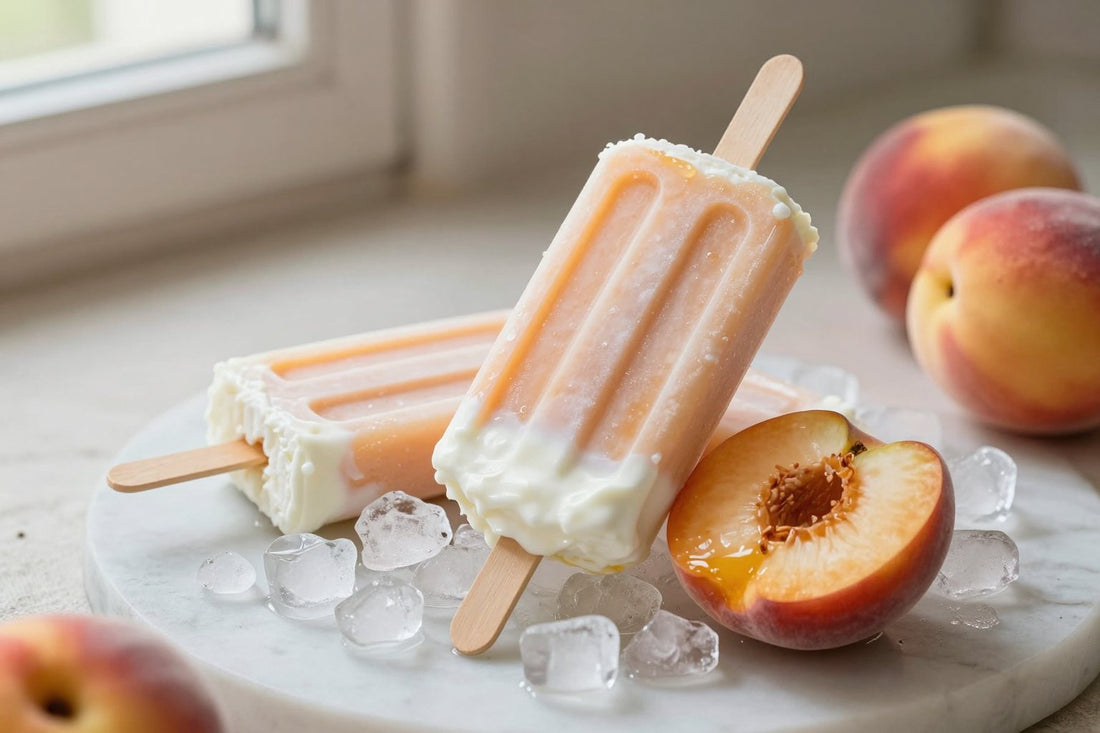 Three peach popsicles on a bed of crushed ice on a light marble surface, one with a bite taken out