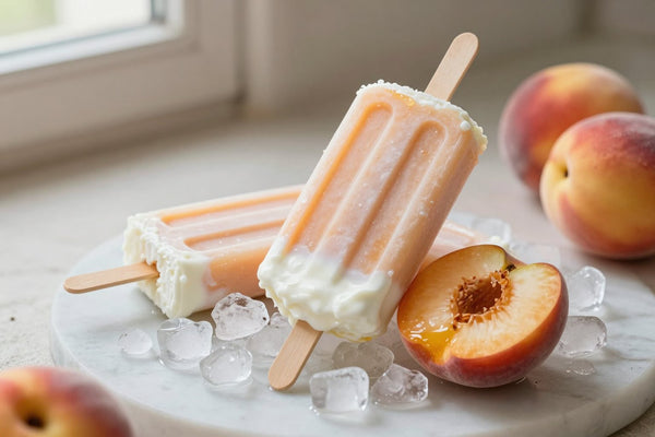 Three peach popsicles on a bed of crushed ice on a light marble surface, one with a bite taken out