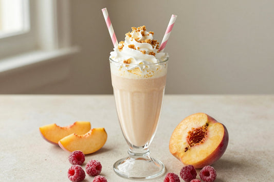 Peach Raspberry Pie Milkshake in a glass