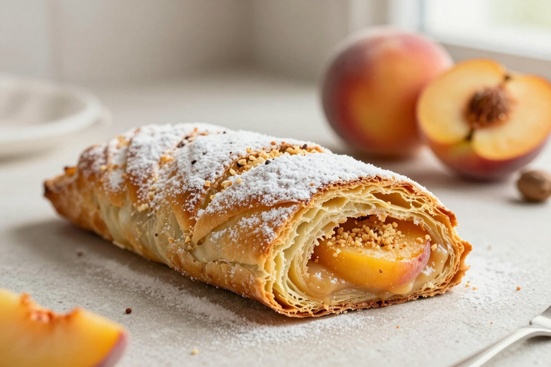 A sliced peach strudel dusted with powdered sugar, showing the swirl of filling and flaky layers