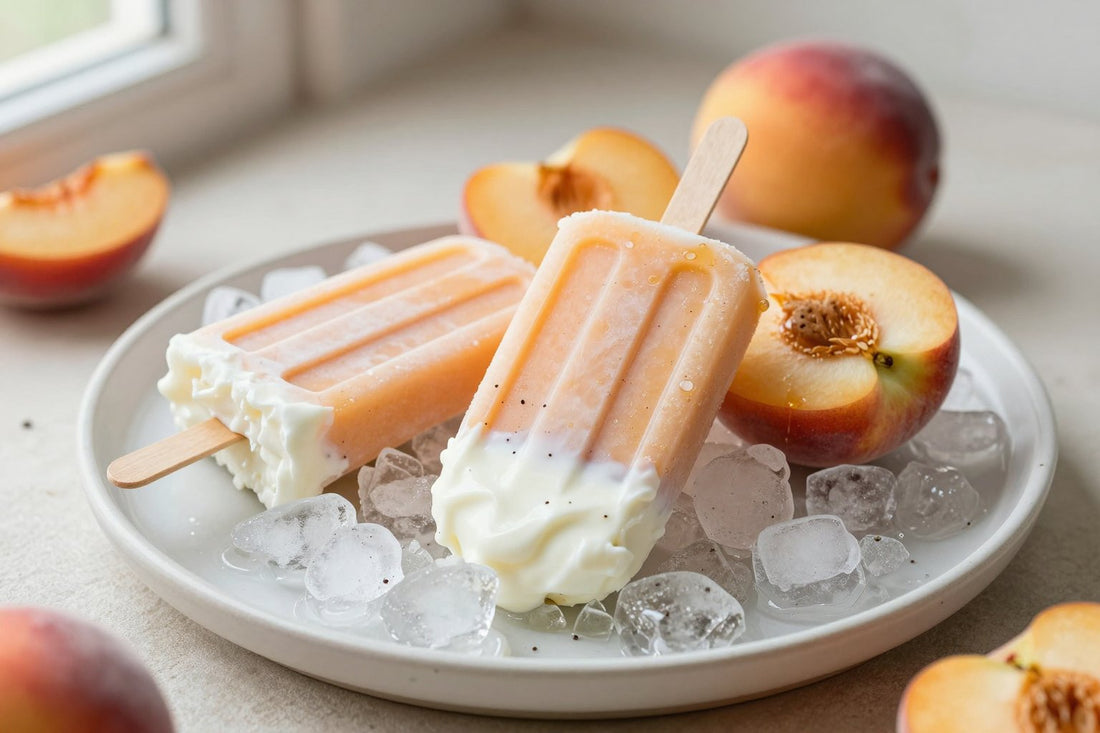 Three peaches & cream popsicles on a bed of crushed ice on a light marble surface, one with a bite taken out