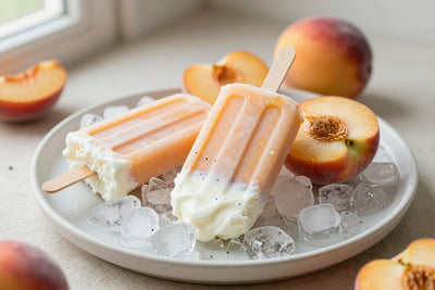 Three peaches & cream popsicles on a bed of crushed ice on a light marble surface, one with a bite taken out