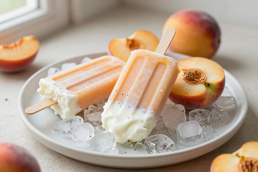 Three peaches & cream popsicles on a bed of crushed ice on a light marble surface, one with a bite taken out
