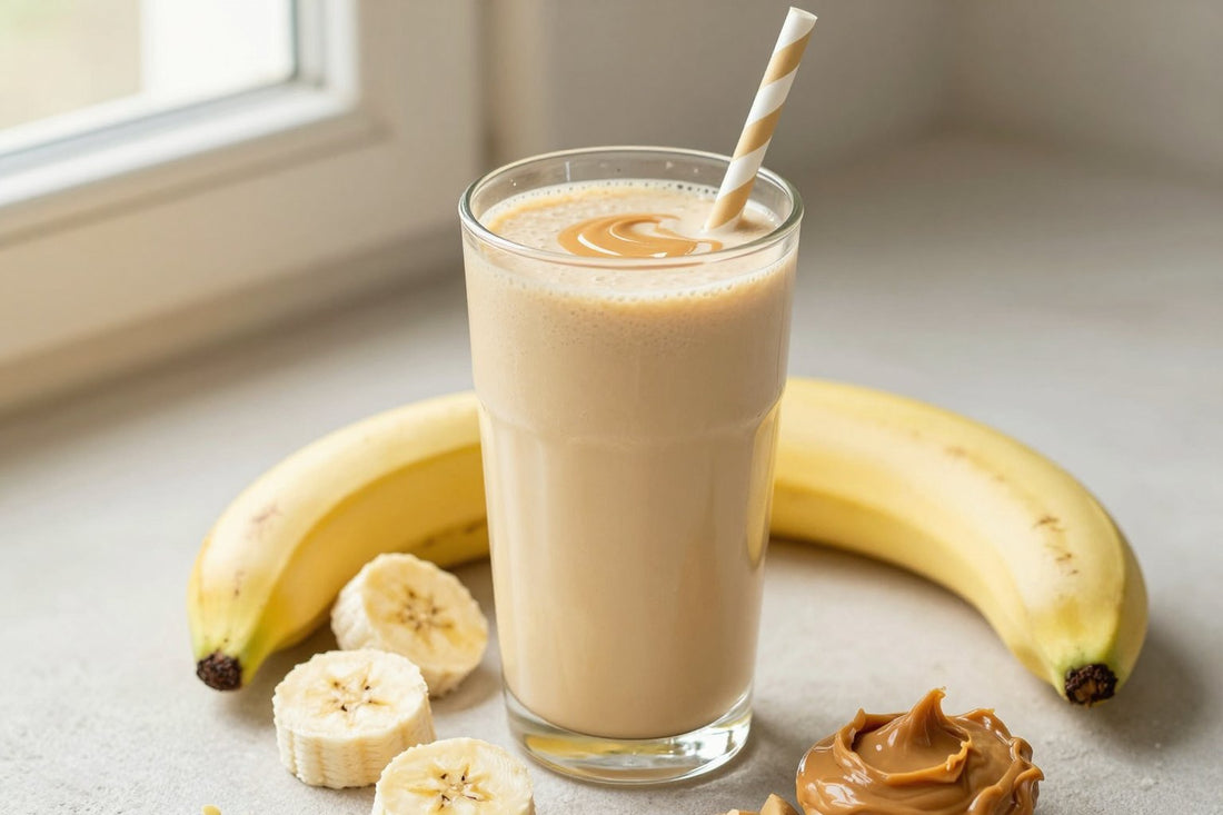 A tall glass of thick, creamy peanut butter banana protein shake with a straw, a few of its fresh ingredients beside it
