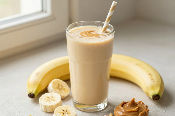 A tall glass of thick, creamy peanut butter banana protein shake with a straw, a few of its fresh ingredients beside it