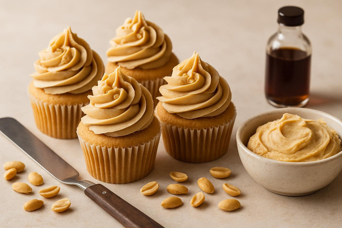Cupcakes piped with peanut butter buttercream frosting
