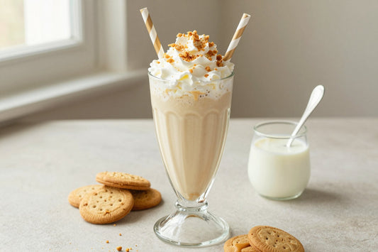 Peanut Butter Cookies & Cream Milkshake in a glass