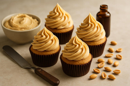 Cupcakes piped with peanut butter cream cheese frosting