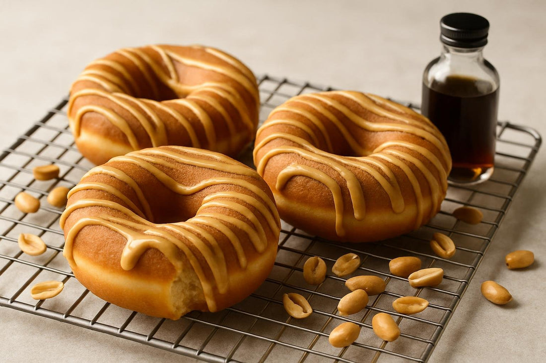 Doughnuts finished with peanut butter drizzle on a cooling rack