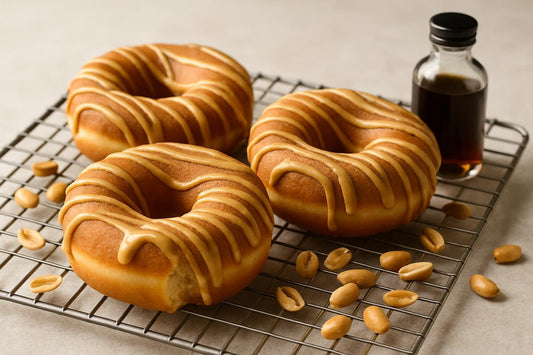 Doughnuts finished with peanut butter drizzle on a cooling rack