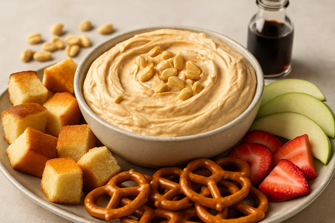 Bowl of peanut butter fluff dip with brioche, pretzels and fruit