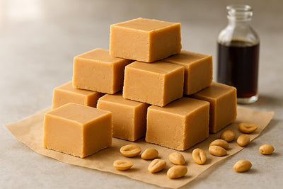 Squares of peanut butter fudge on parchment