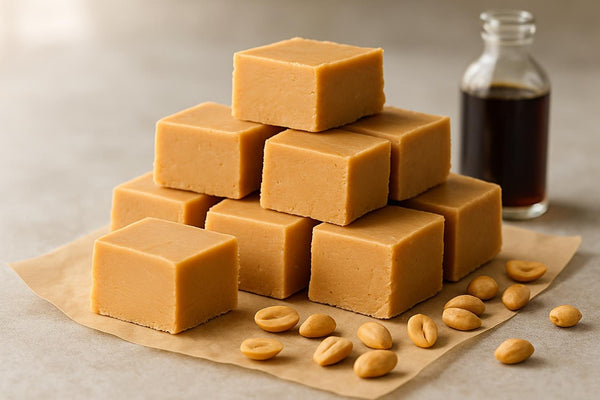Squares of peanut butter fudge on parchment