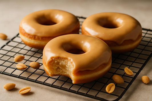 Doughnuts finished with peanut butter glaze on a cooling rack