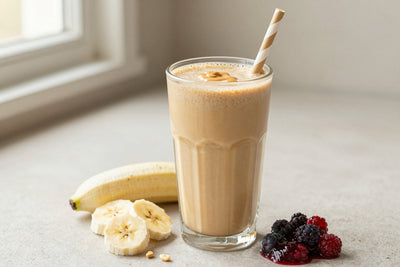 A tall glass of thick, creamy peanut butter & jelly protein shake with a straw, a few of its fresh ingredients beside it