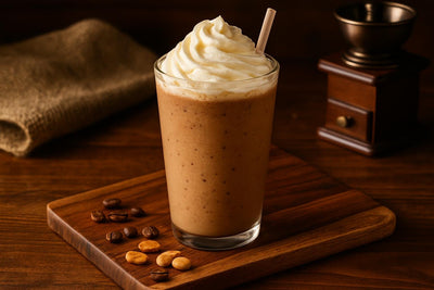 Peanut Butter Mocha Frappé in a glass on an oak serving board