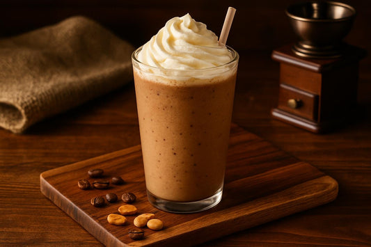 Peanut Butter Mocha Frappé in a glass on an oak serving board
