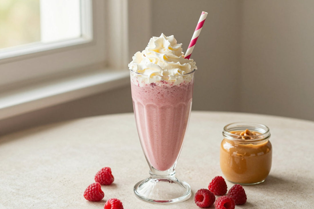 Peanut Butter Raspberry Milkshake in a glass