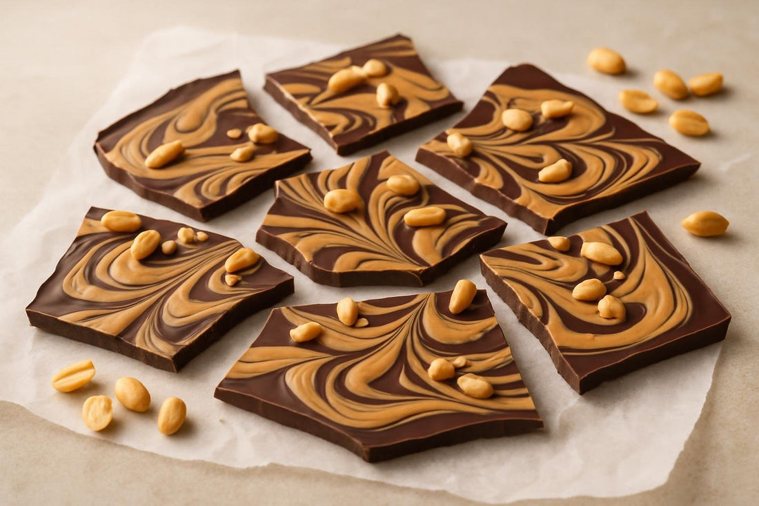 Shards of peanut butter swirl bark on parchment