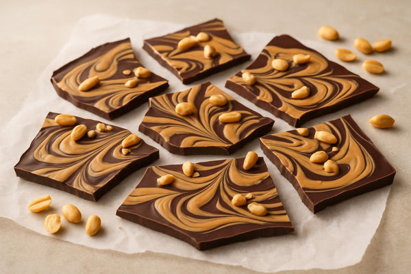Shards of peanut butter swirl bark on parchment