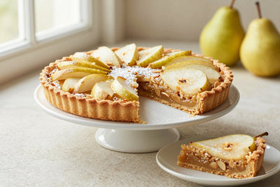 A pear almond tart on a cake stand with one slice cut out and served on a small plate