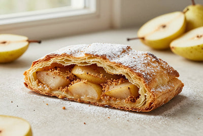 A sliced pear strudel dusted with powdered sugar, showing the swirl of filling and flaky layers