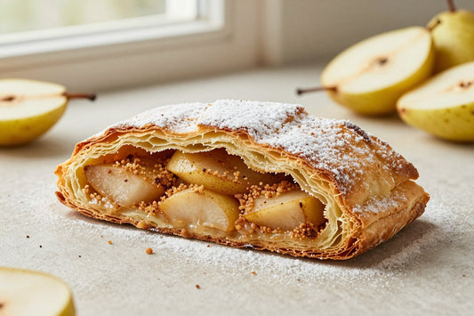 A sliced pear strudel dusted with powdered sugar, showing the swirl of filling and flaky layers