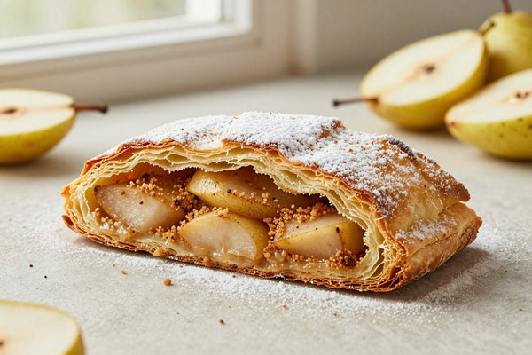 A sliced pear strudel dusted with powdered sugar, showing the swirl of filling and flaky layers