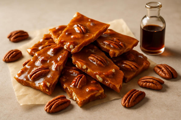 Shards of pecan brittle on parchment