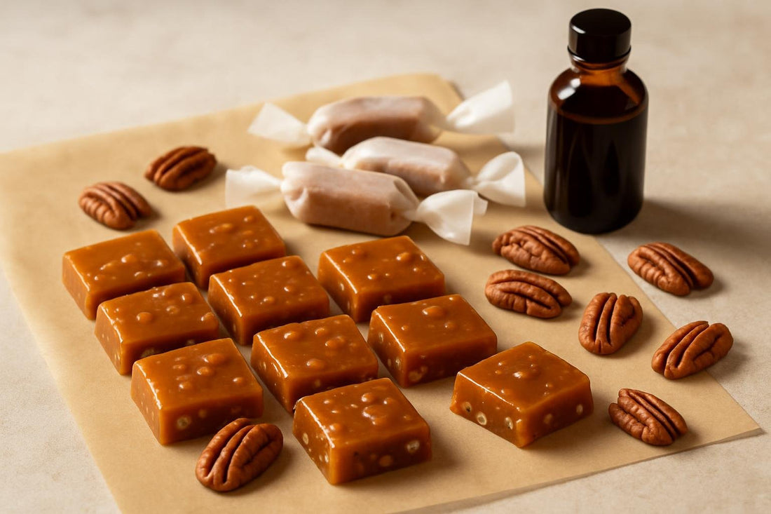 Pecan Caramels cut and wrapped in wax paper