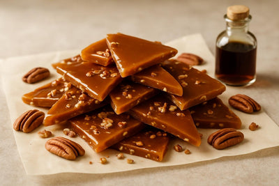 Shards of pecan maple toffee on parchment