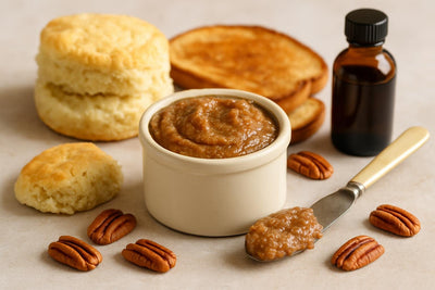 Pecan Pie Butter in a crock with warm biscuits