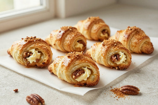 Crescent-shaped pecan rugelach on parchment, the filling spiraled inside