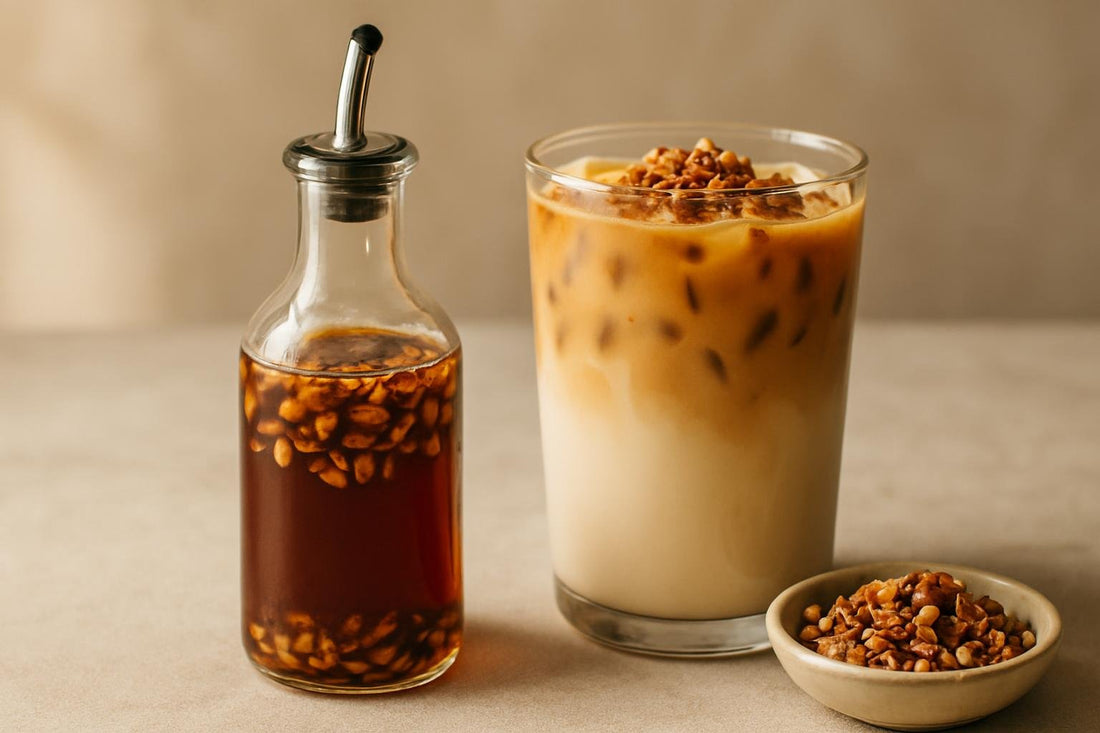 A small glass bottle of pecan syrup with a pour spout, beside an iced latte sweetened with it