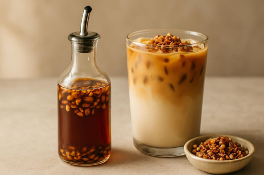 A small glass bottle of pecan syrup with a pour spout, beside an iced latte sweetened with it
