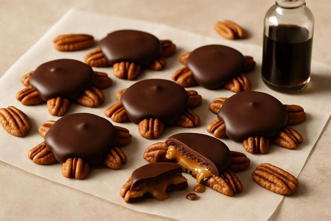 Homemade pecan turtle candies on parchment