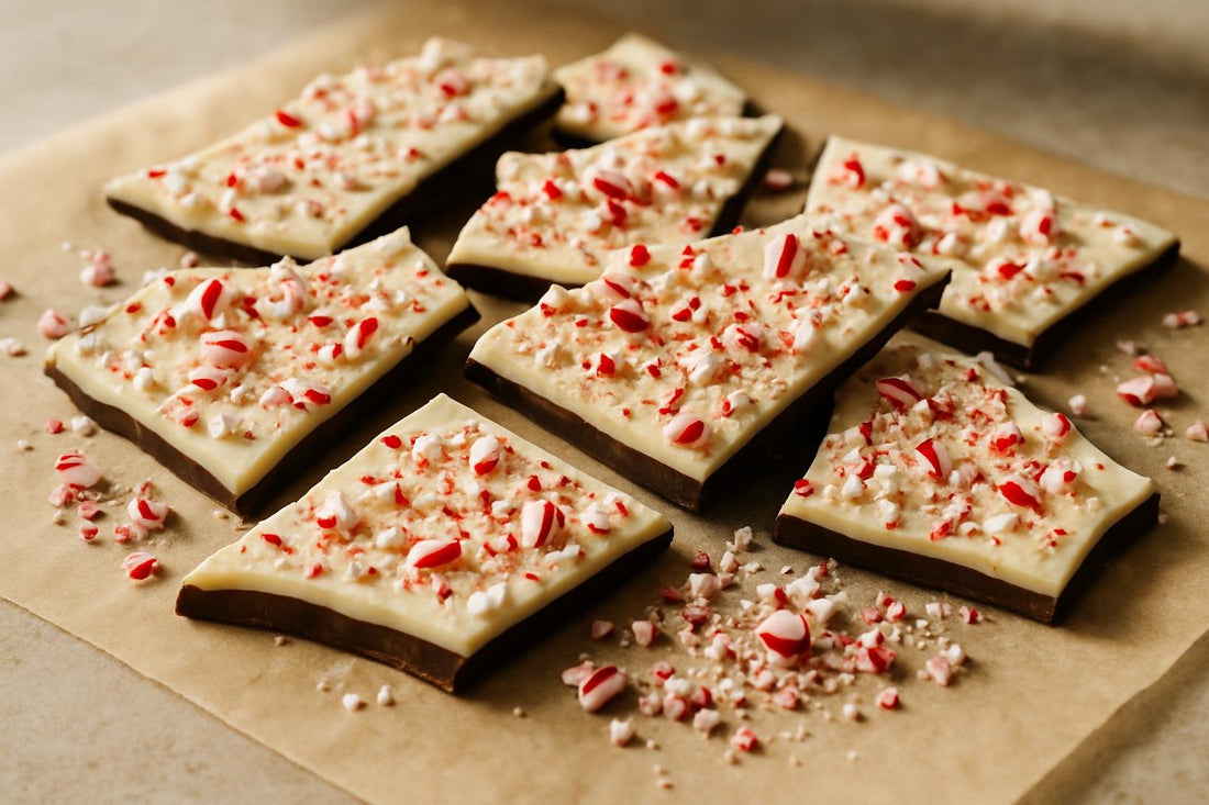 Shards of peppermint bark on parchment
