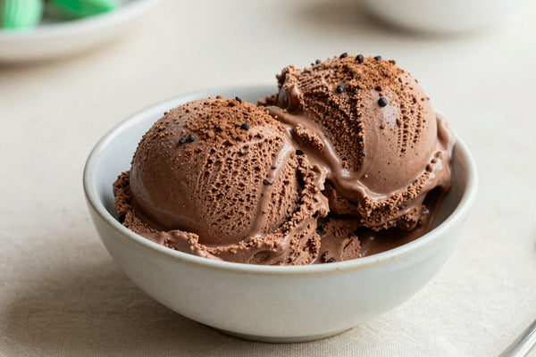 Two generous scoops of peppermint chocolate ice cream in a shallow ceramic bowl, softly melting at the edges