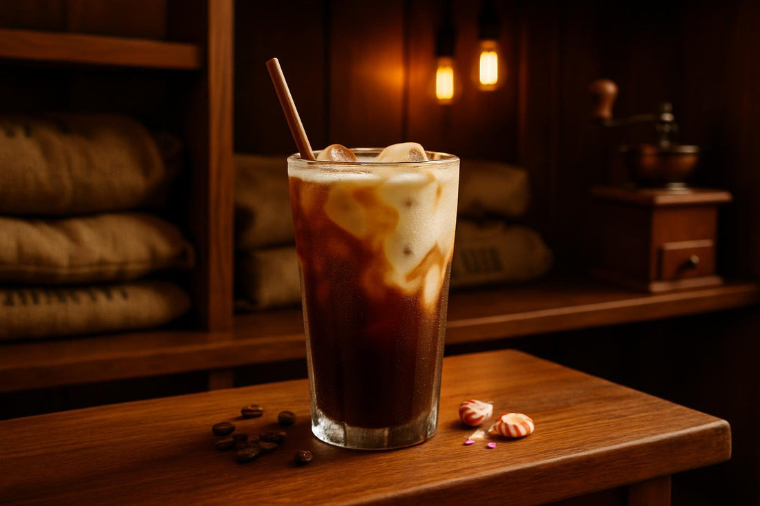 Peppermint Cold Brew in a glass on an oak bar