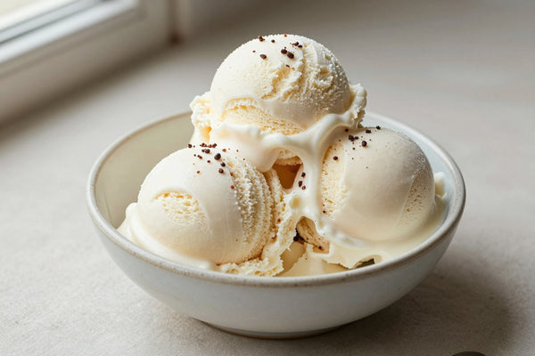 Two generous scoops of peppermint ice cream in a shallow ceramic bowl, softly melting at the edges