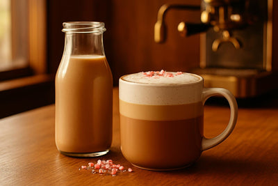 Peppermint Mocha Creamer in a ceramic mug on an oak café counter