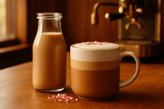 Peppermint Mocha Creamer in a ceramic mug on an oak café counter