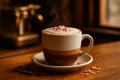 Peppermint Mocha in a ceramic mug on an oak café counter