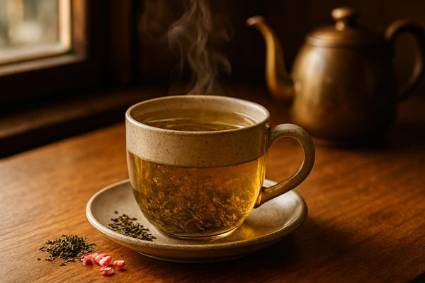 Peppermint Tea in a ceramic mug on an oak café counter