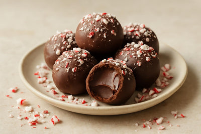 Peppermint Truffles on a plate, one bitten