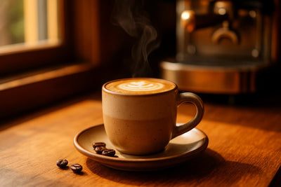 Piccolo Latte in a ceramic mug on an oak café counter