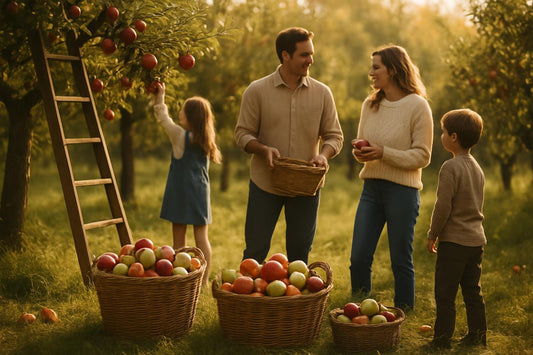 Family picking apples in orchard with baskets during fall harvest season