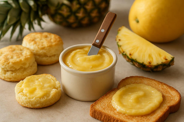 Pineapple Coconut Butter in a crock with warm biscuits