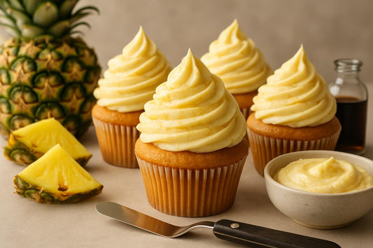 Cupcakes piped with pineapple cream cheese frosting